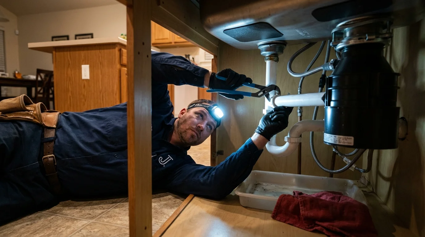 P-trap and supply line connections under a kitchen sink showing a common leak point in Lavaca, AR
